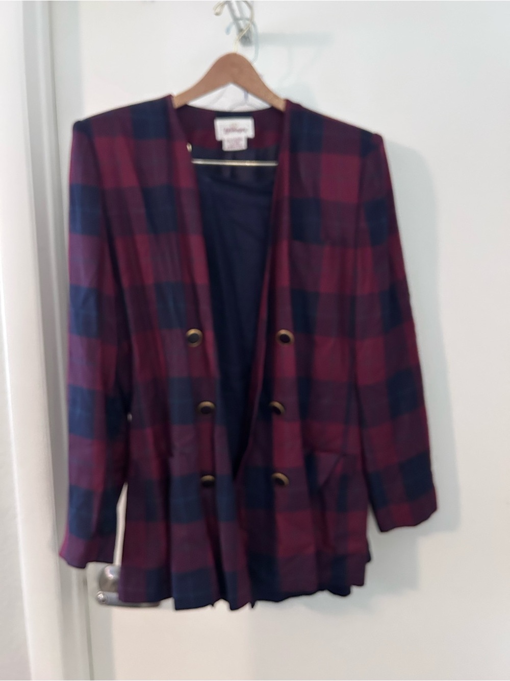 Worthington Burgundy & Navy Plaid Double-Breasted Blazer with navy skirt